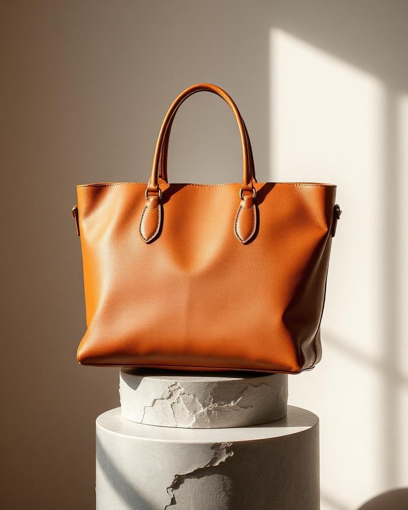 Braune Ledertasche auf Steinsockel – Taschen Kollektion